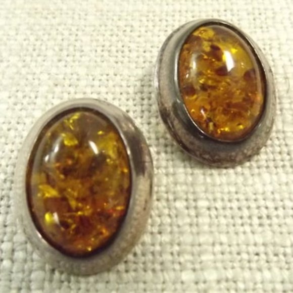 Vintage Amber and 925 Silver Clip On Earrings - Picture 1 of 5